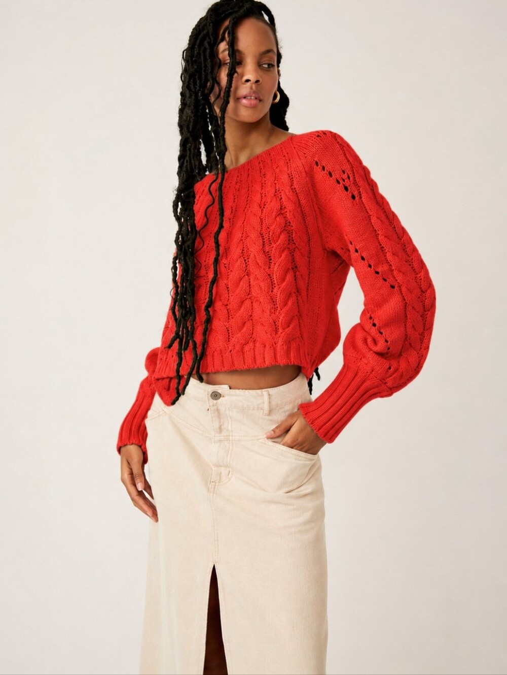 NWOT Free People Sandre Cable Open Knit Sweater In Fiery Red